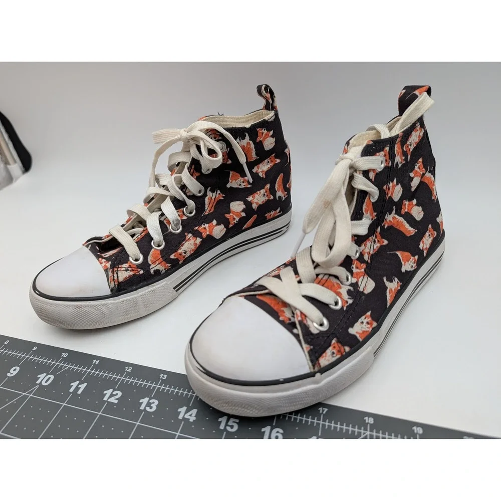 Hot Topic Womens High Top‎ Sneakers Size 6 Corgi Dog Print Canvas Black Orange